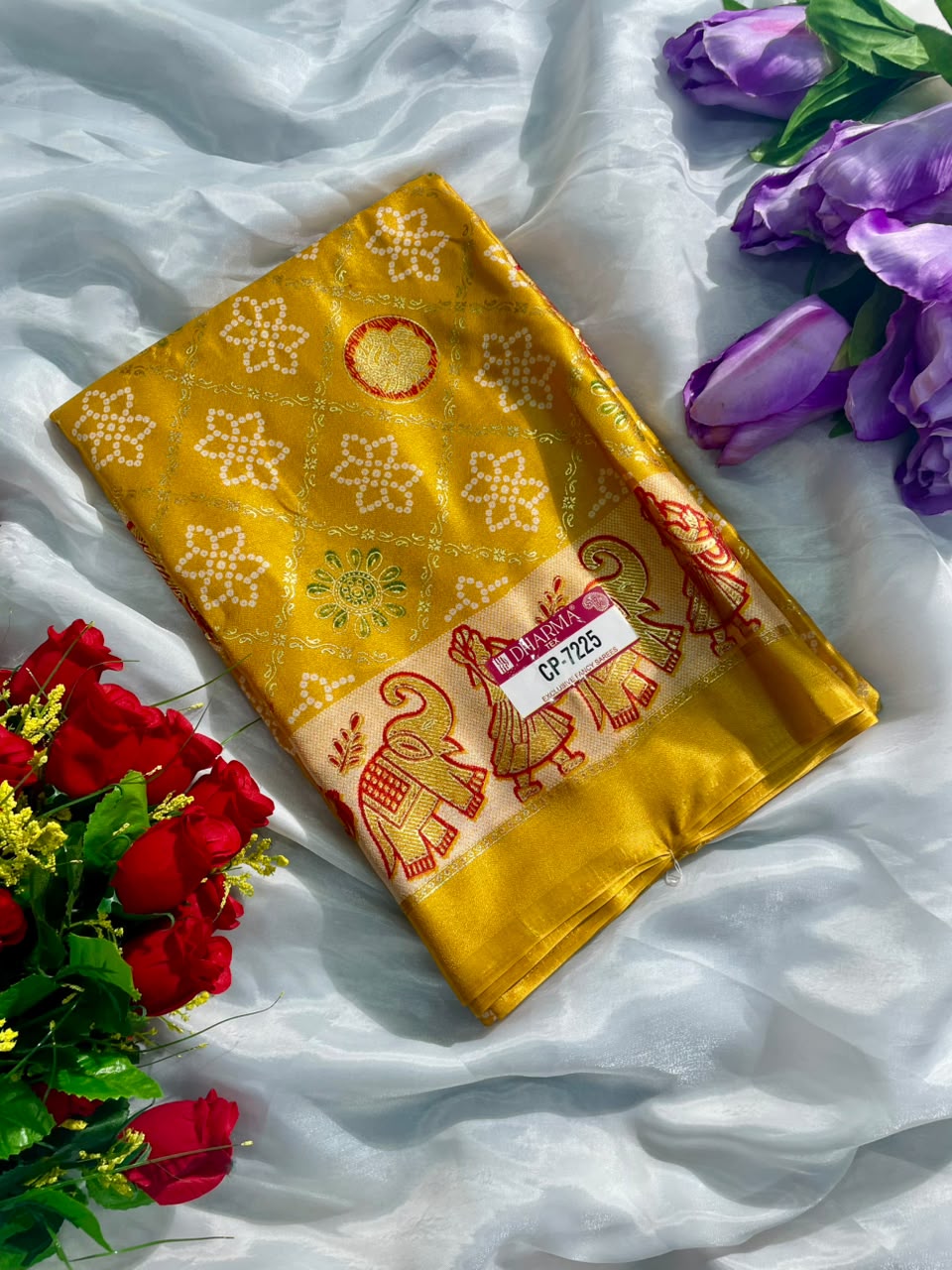 CP-7225 BRIGHT MOSS FABRIC SAREE WITH RICH PALLU DESIGN WITH BANDHANI DESIGN ON BODY WITH BARFAT DESIGN WITH BLOUSE