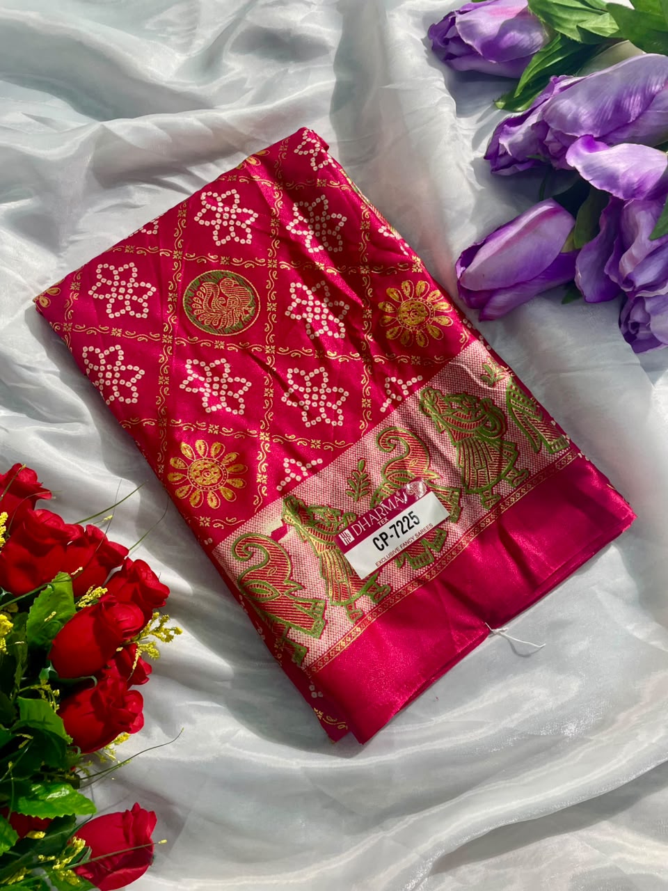 CP-7225 BRIGHT MOSS FABRIC SAREE WITH RICH PALLU DESIGN WITH BANDHANI DESIGN ON BODY WITH BARFAT DESIGN WITH BLOUSE