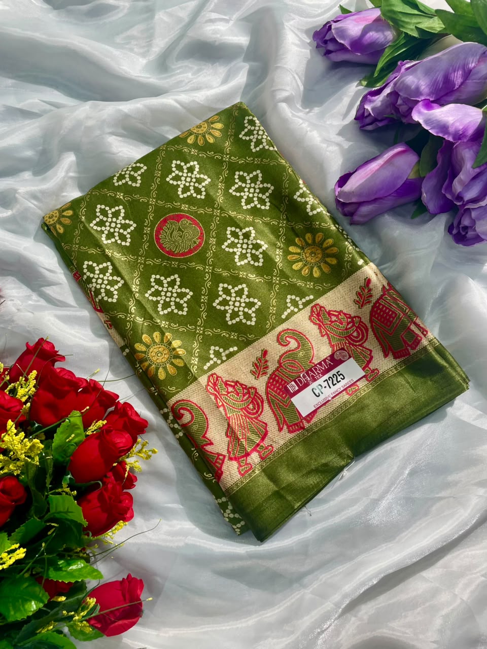 CP-7225 BRIGHT MOSS FABRIC SAREE WITH RICH PALLU DESIGN WITH BANDHANI DESIGN ON BODY WITH BARFAT DESIGN WITH BLOUSE