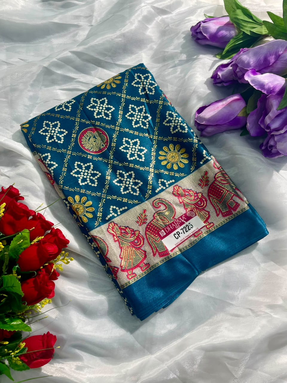 CP-7225 BRIGHT MOSS FABRIC SAREE WITH RICH PALLU DESIGN WITH BANDHANI DESIGN ON BODY WITH BARFAT DESIGN WITH BLOUSE