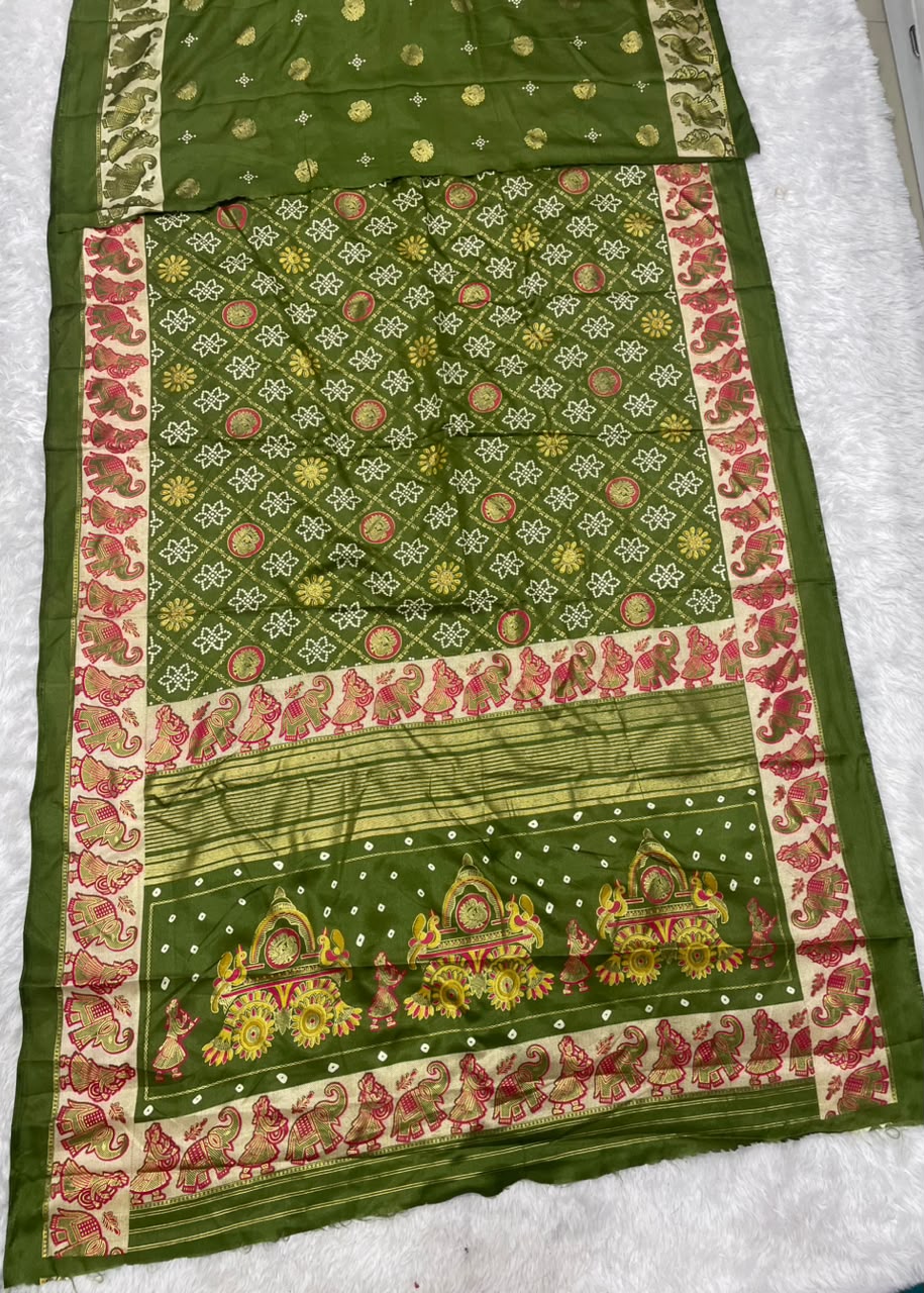 CP-7225 BRIGHT MOSS FABRIC SAREE WITH RICH PALLU DESIGN WITH BANDHANI DESIGN ON BODY WITH BARFAT DESIGN WITH BLOUSE