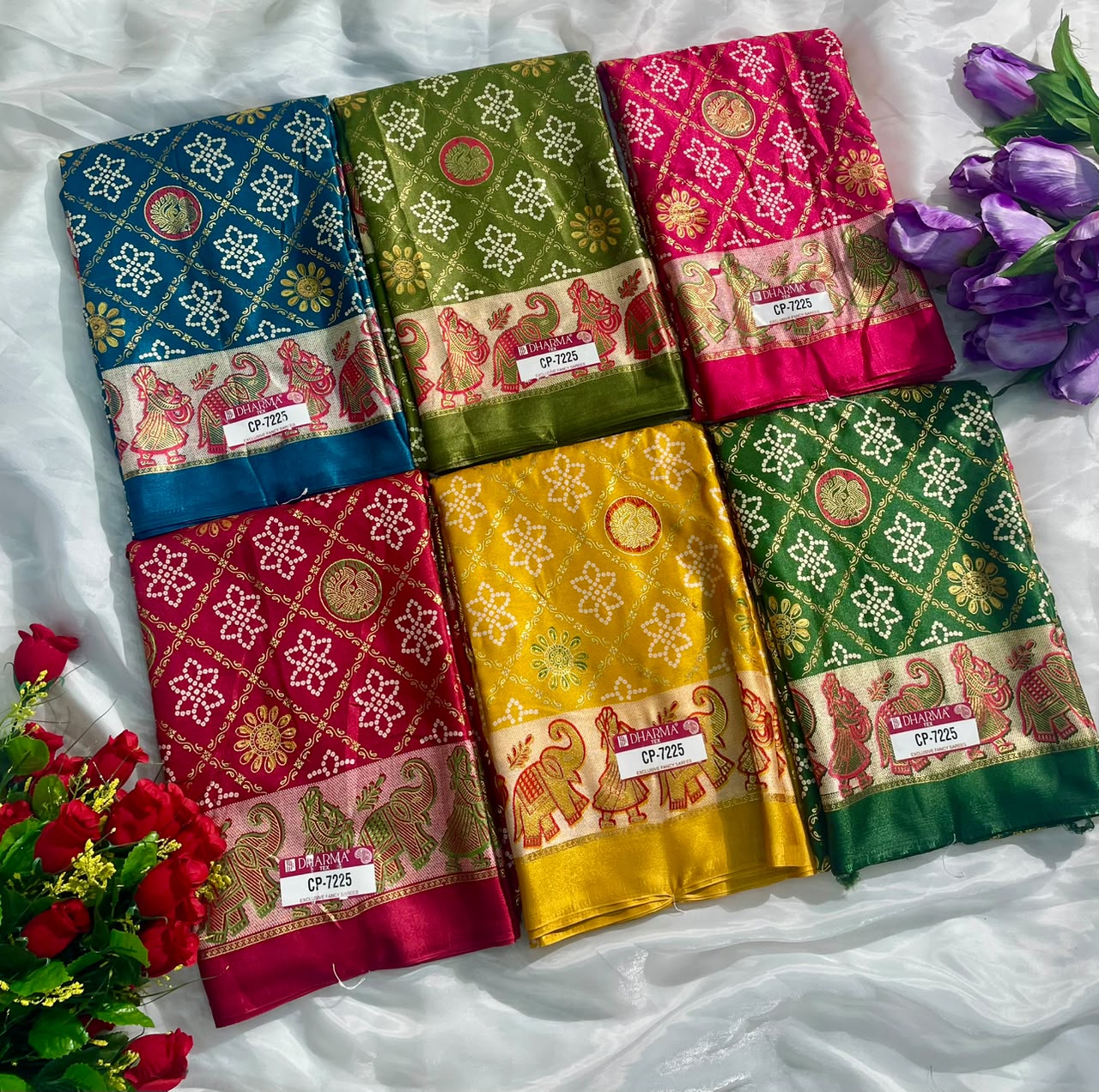 CP-7225 BRIGHT MOSS FABRIC SAREE WITH RICH PALLU DESIGN WITH BANDHANI DESIGN ON BODY WITH BARFAT DESIGN WITH BLOUSE