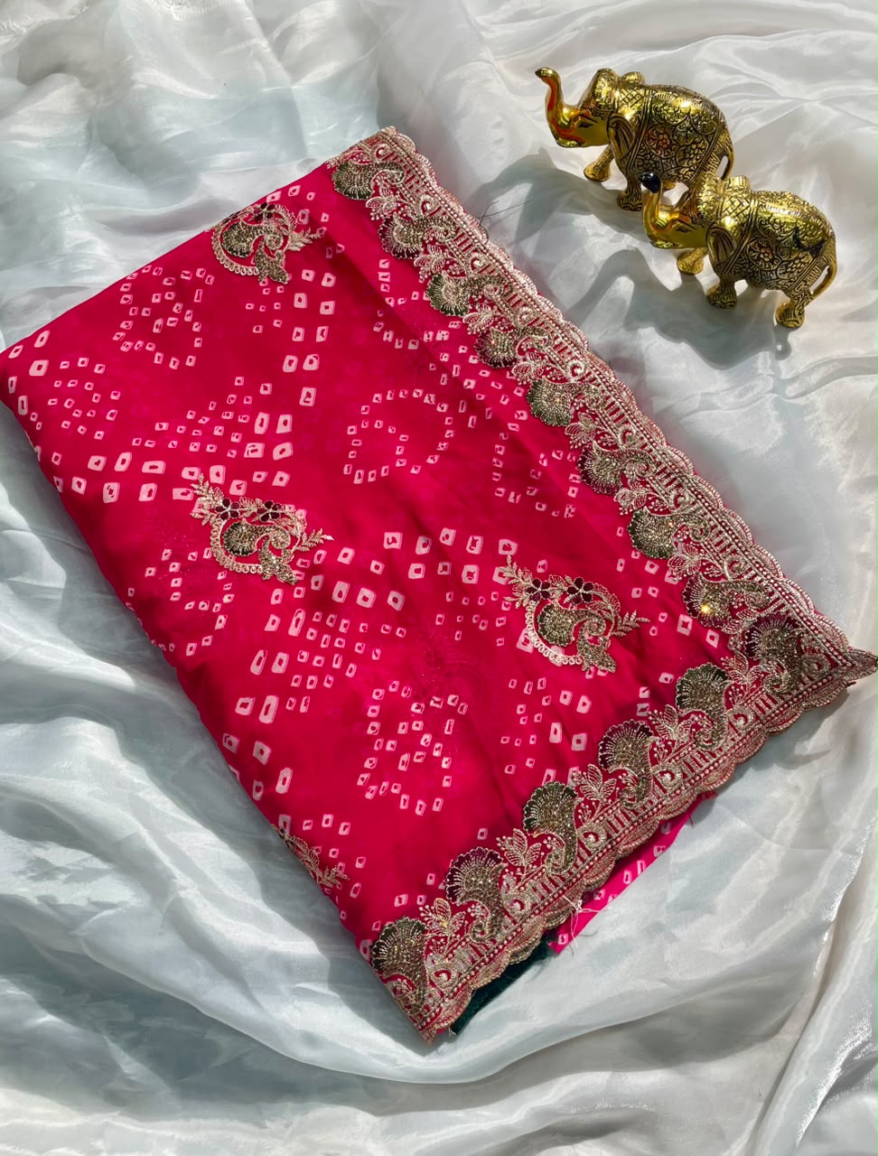 BS-JINGLE BELL  PURE CHIFFON FABRIC SAREE WITH BEAUTIFUL DESIGN WITH BANDHANI DESIGN WITH JARKAN WORK WITH CUT WORK WITH BLOUSE