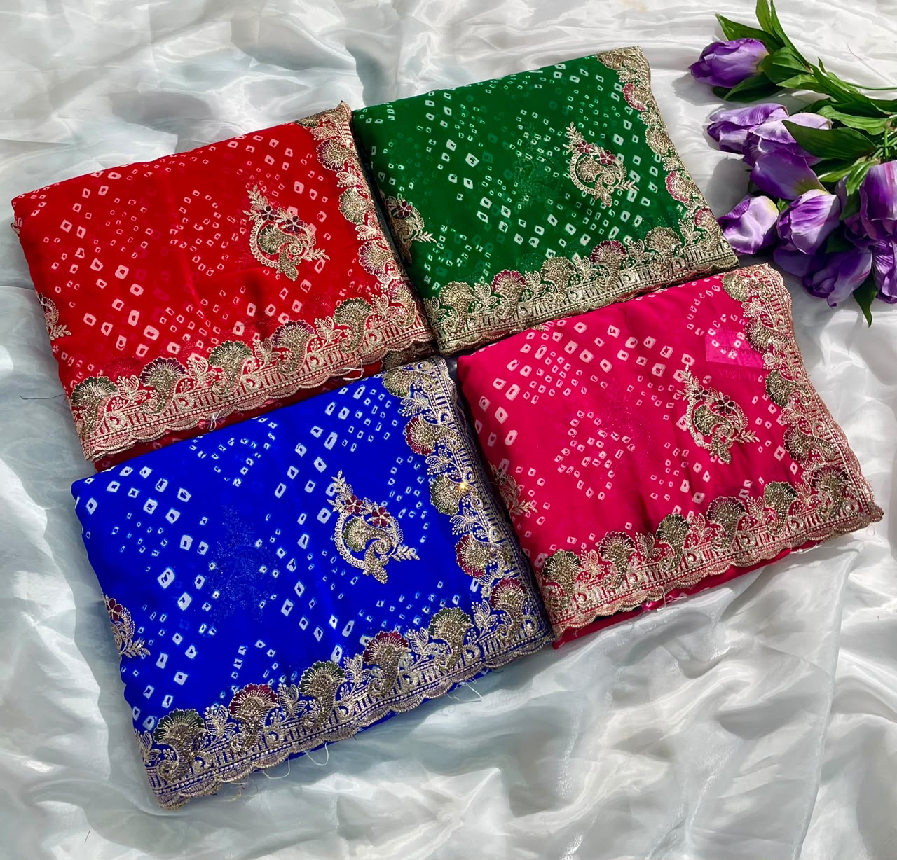 BS-JINGLE BELL  PURE CHIFFON FABRIC SAREE WITH BEAUTIFUL DESIGN WITH BANDHANI DESIGN WITH JARKAN WORK WITH CUT WORK WITH BLOUSE