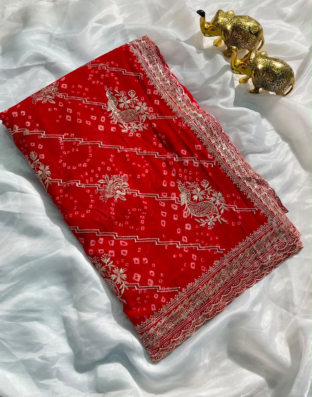 BS-POWER PLAY PURE CHIFFON FABRIC SAREE WITH BEAUTIFUL DESIGN WITH BANDHANI DESIGN WITH JARKAN WORK WITH CUT WORK WITH BLOUSE