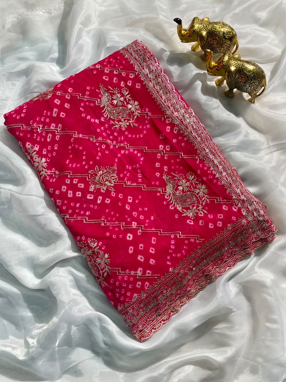 BS-POWER PLAY PURE CHIFFON FABRIC SAREE WITH BEAUTIFUL DESIGN WITH BANDHANI DESIGN WITH JARKAN WORK WITH CUT WORK WITH BLOUSE