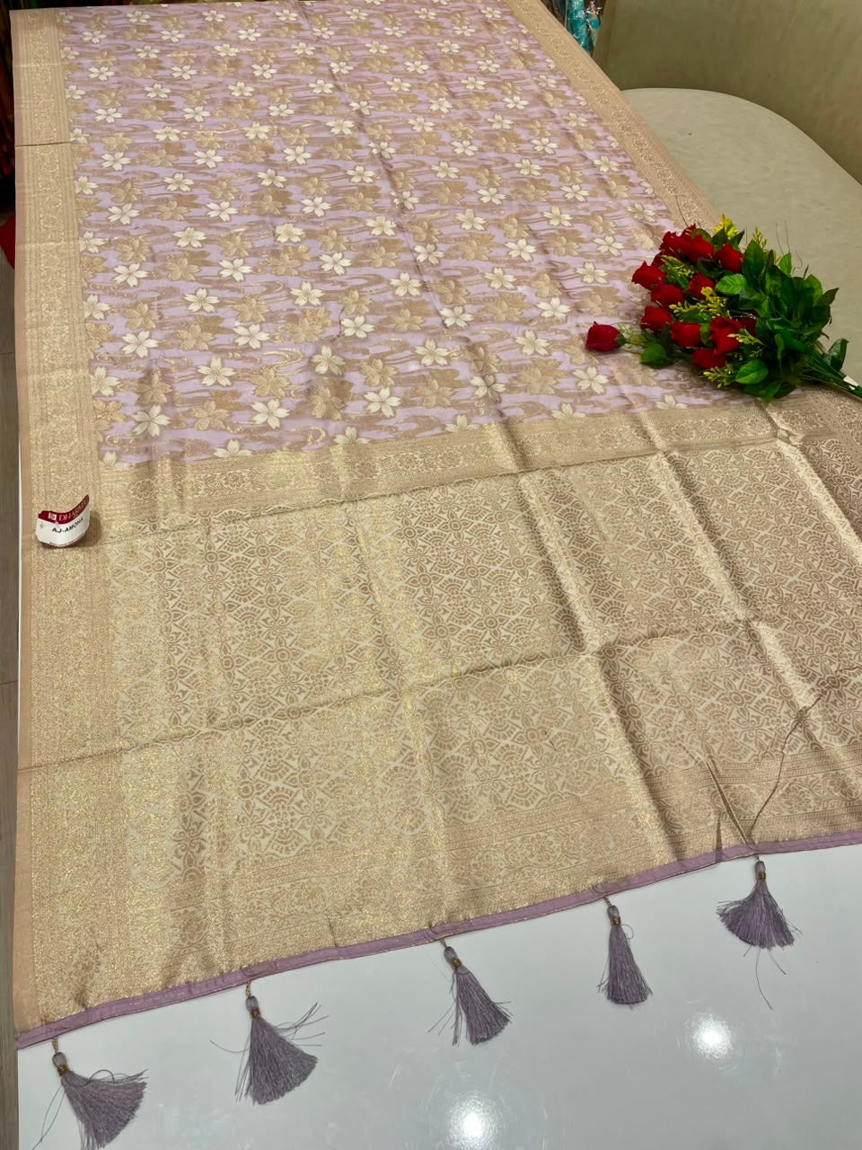 AJ-AMOHA  INDIANA SILK FABRIC SAREE WITH RICH PALLU DESIGN WITH BEAUTIFUL FLORAL PRINT DESIGN ALL OVER ON SAREE WITH PIPING AND LATKAN WITH BLOUSE