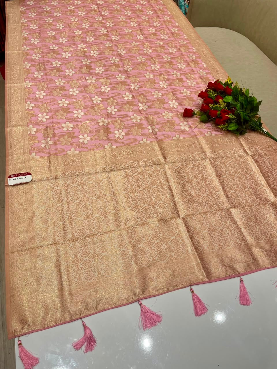 AJ-AMOHA  INDIANA SILK FABRIC SAREE WITH RICH PALLU DESIGN WITH BEAUTIFUL FLORAL PRINT DESIGN ALL OVER ON SAREE WITH PIPING AND LATKAN WITH BLOUSE