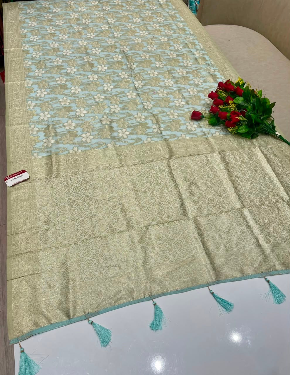 AJ-AMOHA  INDIANA SILK FABRIC SAREE WITH RICH PALLU DESIGN WITH BEAUTIFUL FLORAL PRINT DESIGN ALL OVER ON SAREE WITH PIPING AND LATKAN WITH BLOUSE