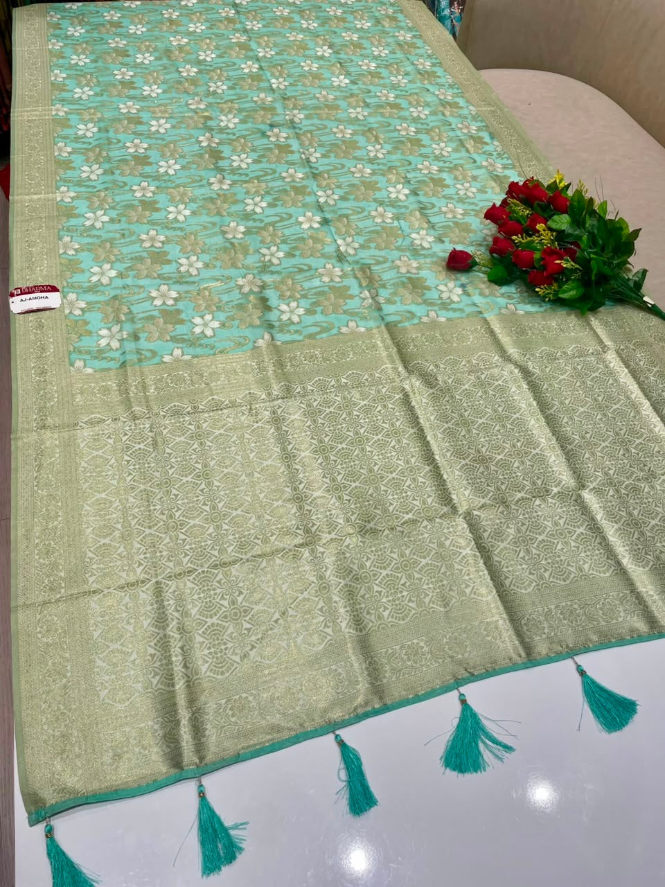 AJ-AMOHA  INDIANA SILK FABRIC SAREE WITH RICH PALLU DESIGN WITH BEAUTIFUL FLORAL PRINT DESIGN ALL OVER ON SAREE WITH PIPING AND LATKAN WITH BLOUSE