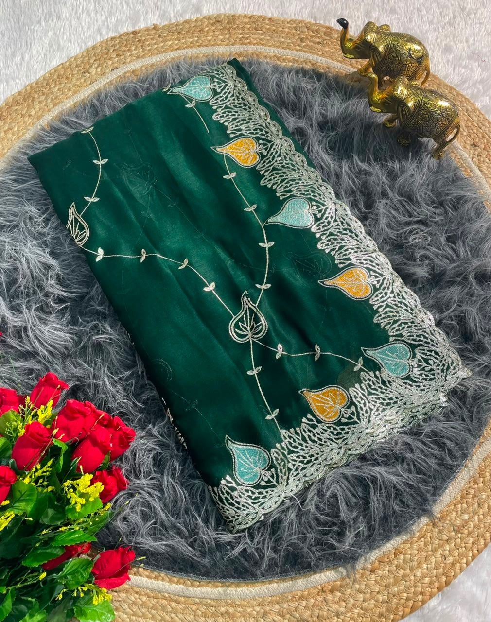 MF-3016 HO SILK FABRIC SAREE WITH BRAUTIFUL DESIGN WITH HEAVY EMBROIDERY WORK WITH LEAF DESIGN ON BORDER WITH BLOUSE