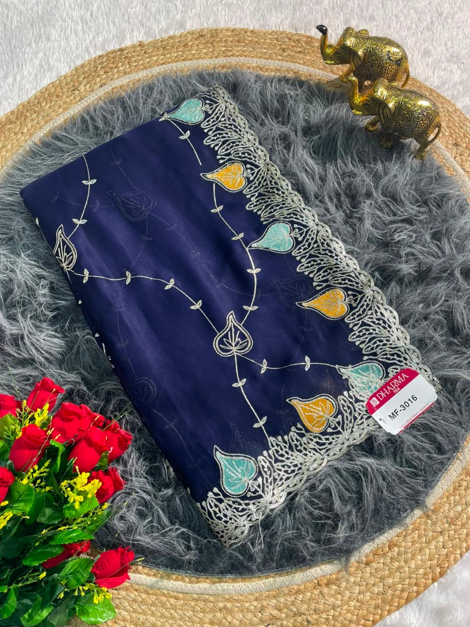 MF-3016 HO SILK FABRIC SAREE WITH BRAUTIFUL DESIGN WITH HEAVY EMBROIDERY WORK WITH LEAF DESIGN ON BORDER WITH BLOUSE