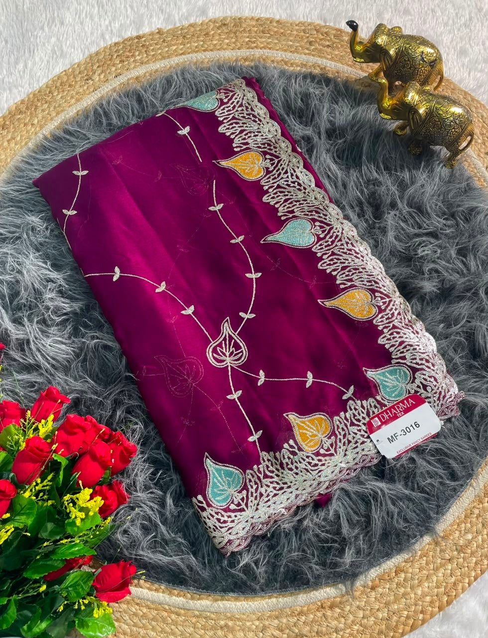 MF-3016 HO SILK FABRIC SAREE WITH BRAUTIFUL DESIGN WITH HEAVY EMBROIDERY WORK WITH LEAF DESIGN ON BORDER WITH BLOUSE