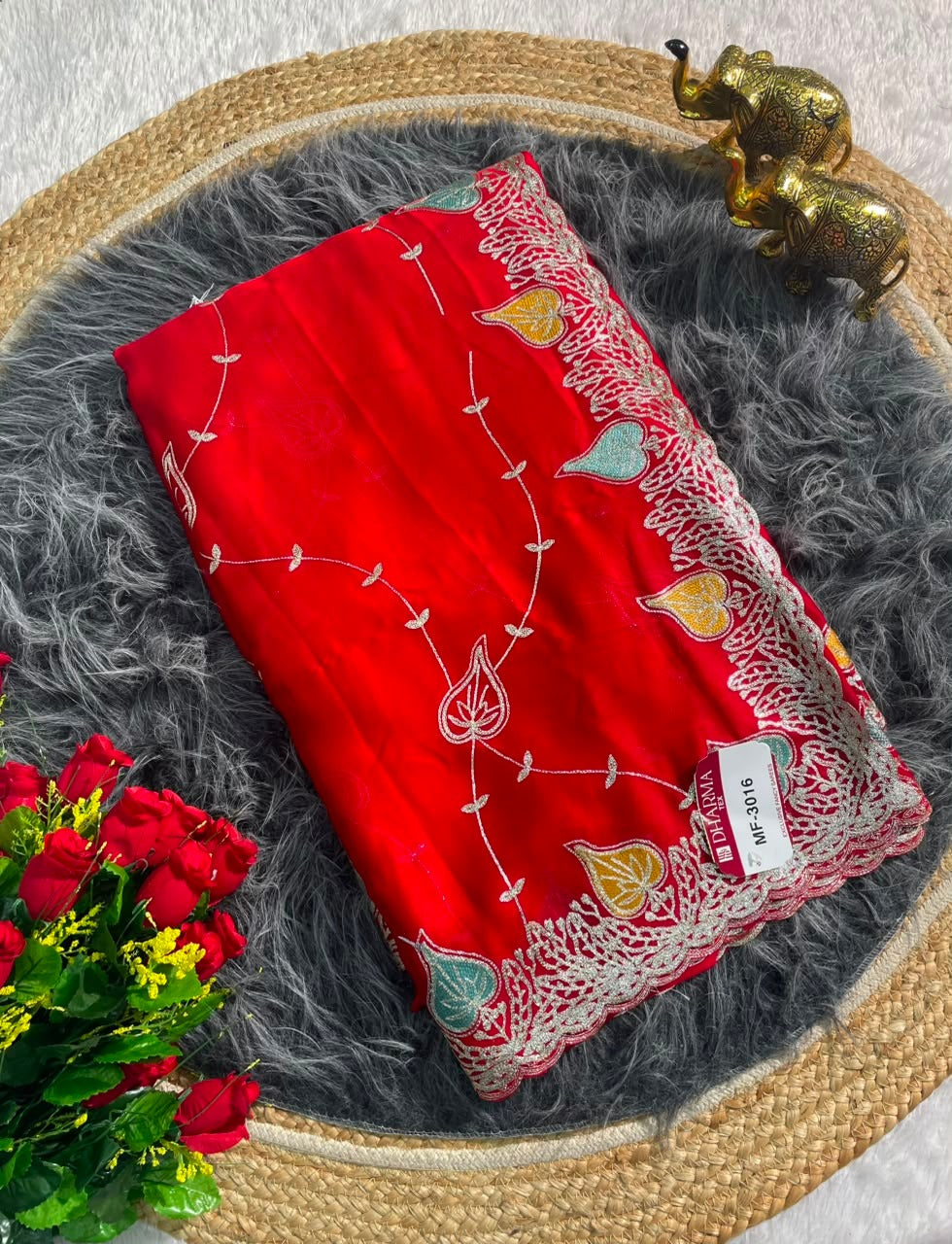 MF-3016 HO SILK FABRIC SAREE WITH BRAUTIFUL DESIGN WITH HEAVY EMBROIDERY WORK WITH LEAF DESIGN ON BORDER WITH BLOUSE