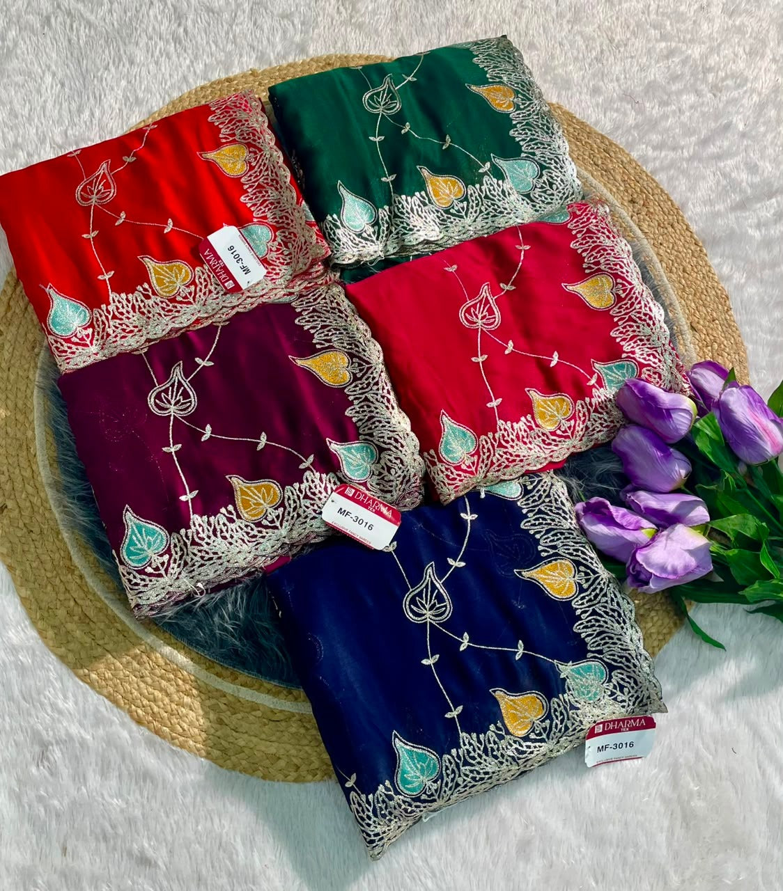 MF-3016 HO SILK FABRIC SAREE WITH BRAUTIFUL DESIGN WITH HEAVY EMBROIDERY WORK WITH LEAF DESIGN ON BORDER WITH BLOUSE