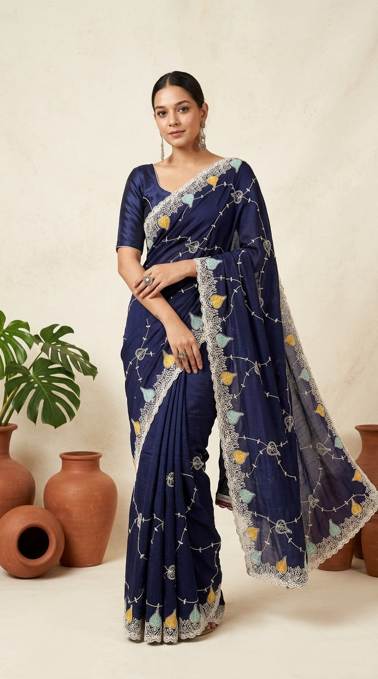 MF-3016 HO SILK FABRIC SAREE WITH BRAUTIFUL DESIGN WITH HEAVY EMBROIDERY WORK WITH LEAF DESIGN ON BORDER WITH BLOUSE