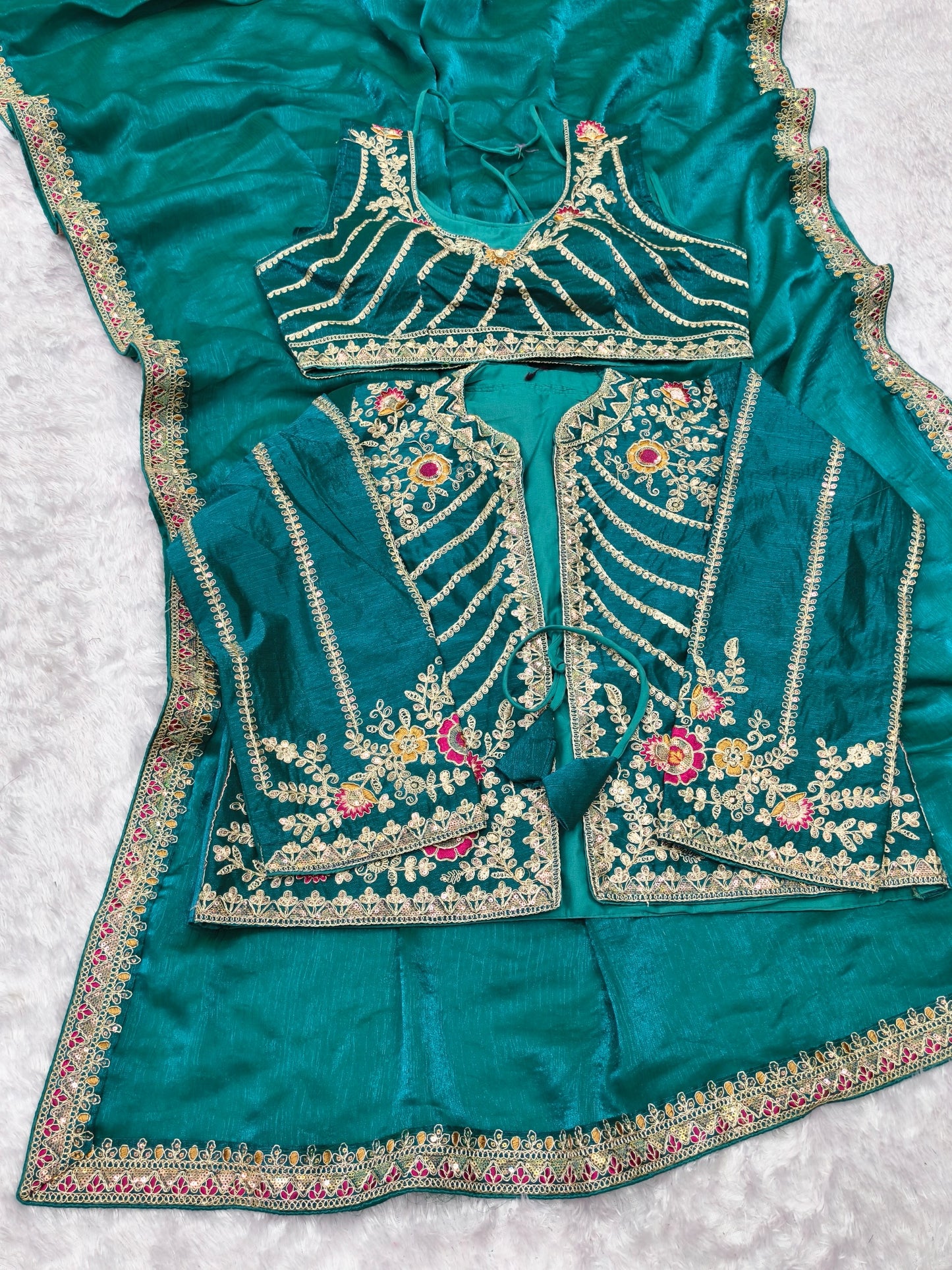 AJ-VEDIKA-2-DARK FENDI SATIN FABRIC SAREE WITH BEAUTIFUL DESIGN WITH HEAVY EMBROIDERY WORK WITH SEQUENCE WORK WITH STICHED BLOUSE WITH JACKET TRENDING SAREE ON INTERNET