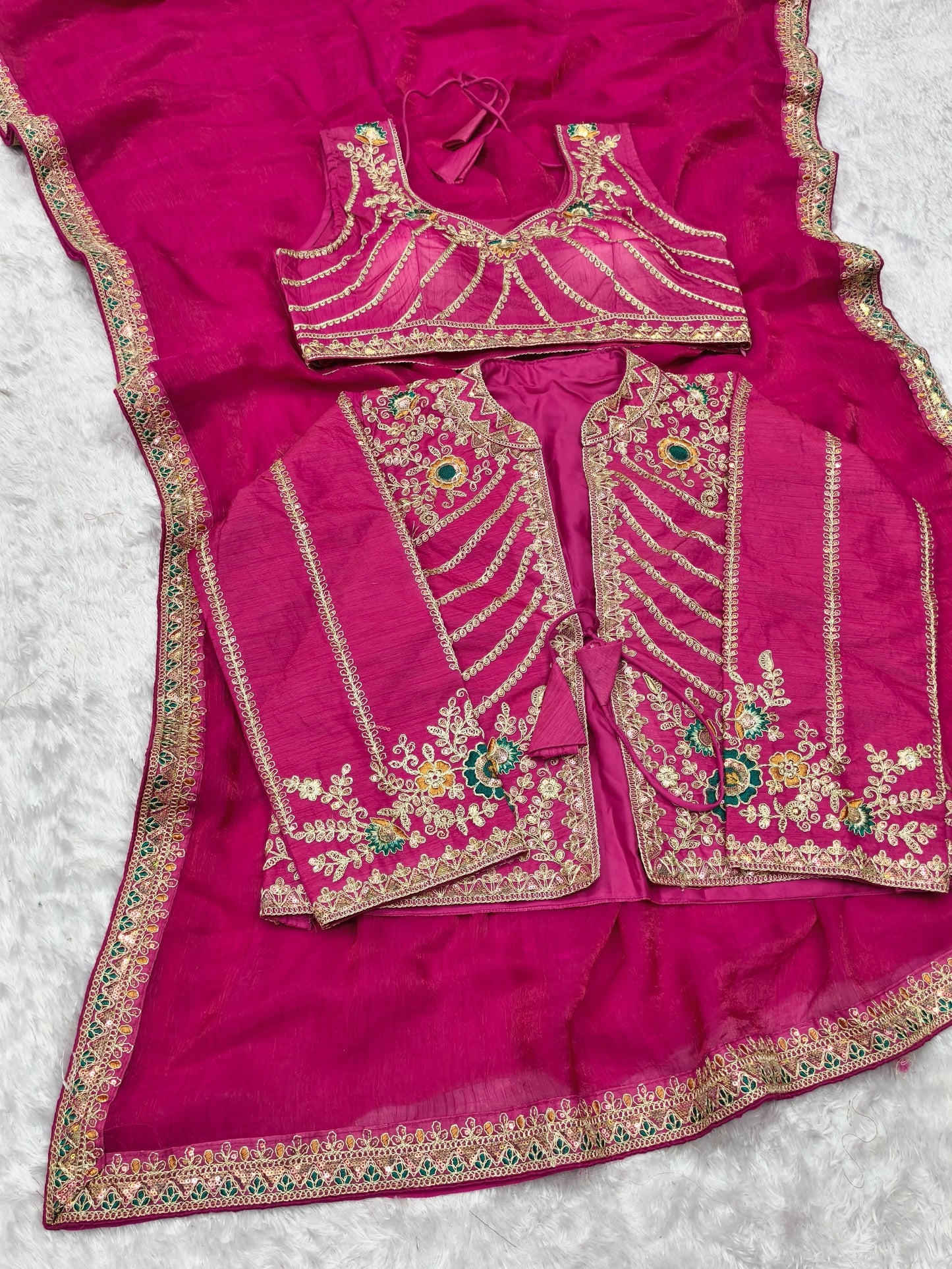 AJ-VEDIKA-2-DARK FENDI SATIN FABRIC SAREE WITH BEAUTIFUL DESIGN WITH HEAVY EMBROIDERY WORK WITH SEQUENCE WORK WITH STICHED BLOUSE WITH JACKET TRENDING SAREE ON INTERNET