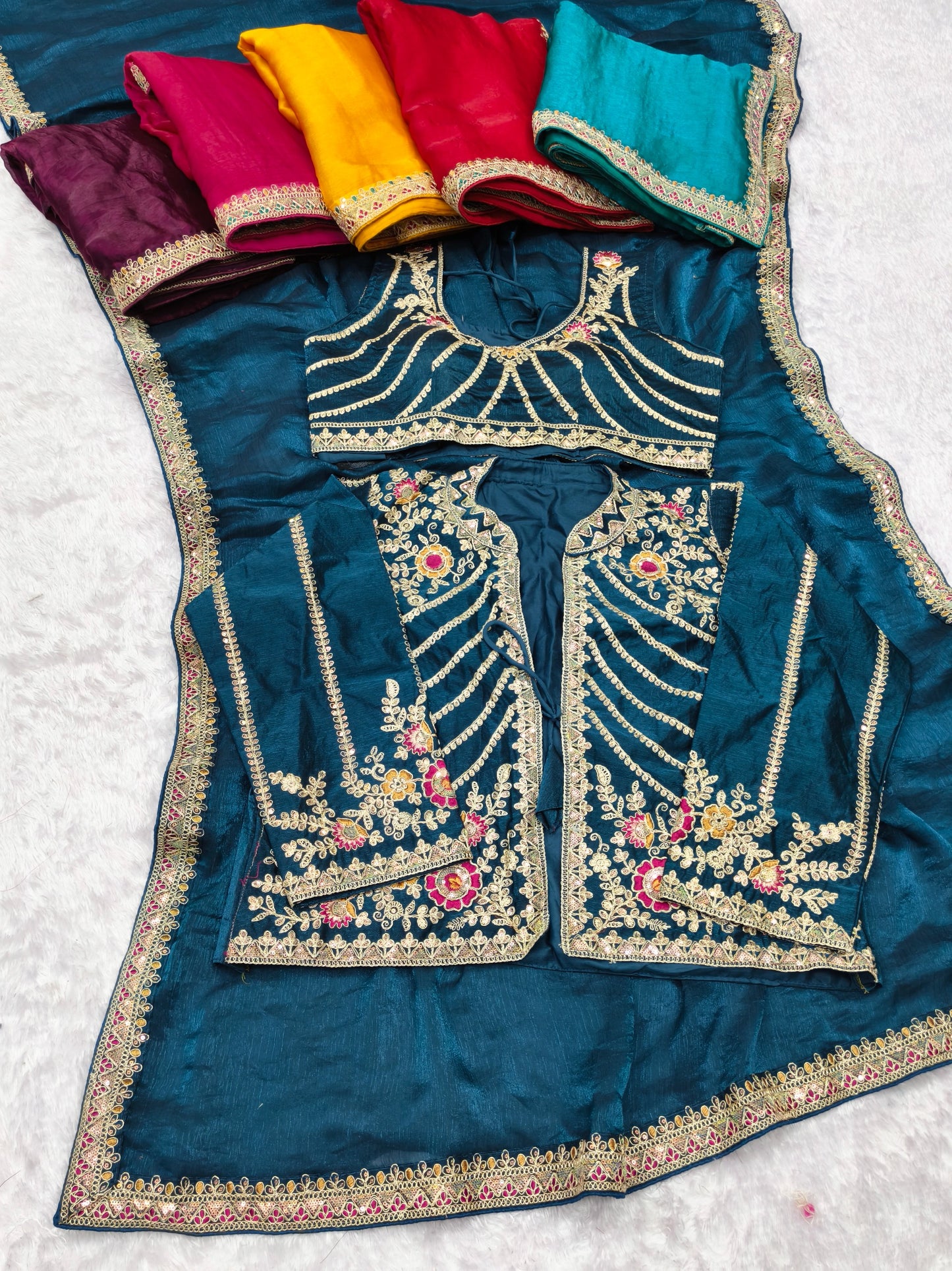 AJ-VEDIKA-2-DARK FENDI SATIN FABRIC SAREE WITH BEAUTIFUL DESIGN WITH HEAVY EMBROIDERY WORK WITH SEQUENCE WORK WITH STICHED BLOUSE WITH JACKET TRENDING SAREE ON INTERNET