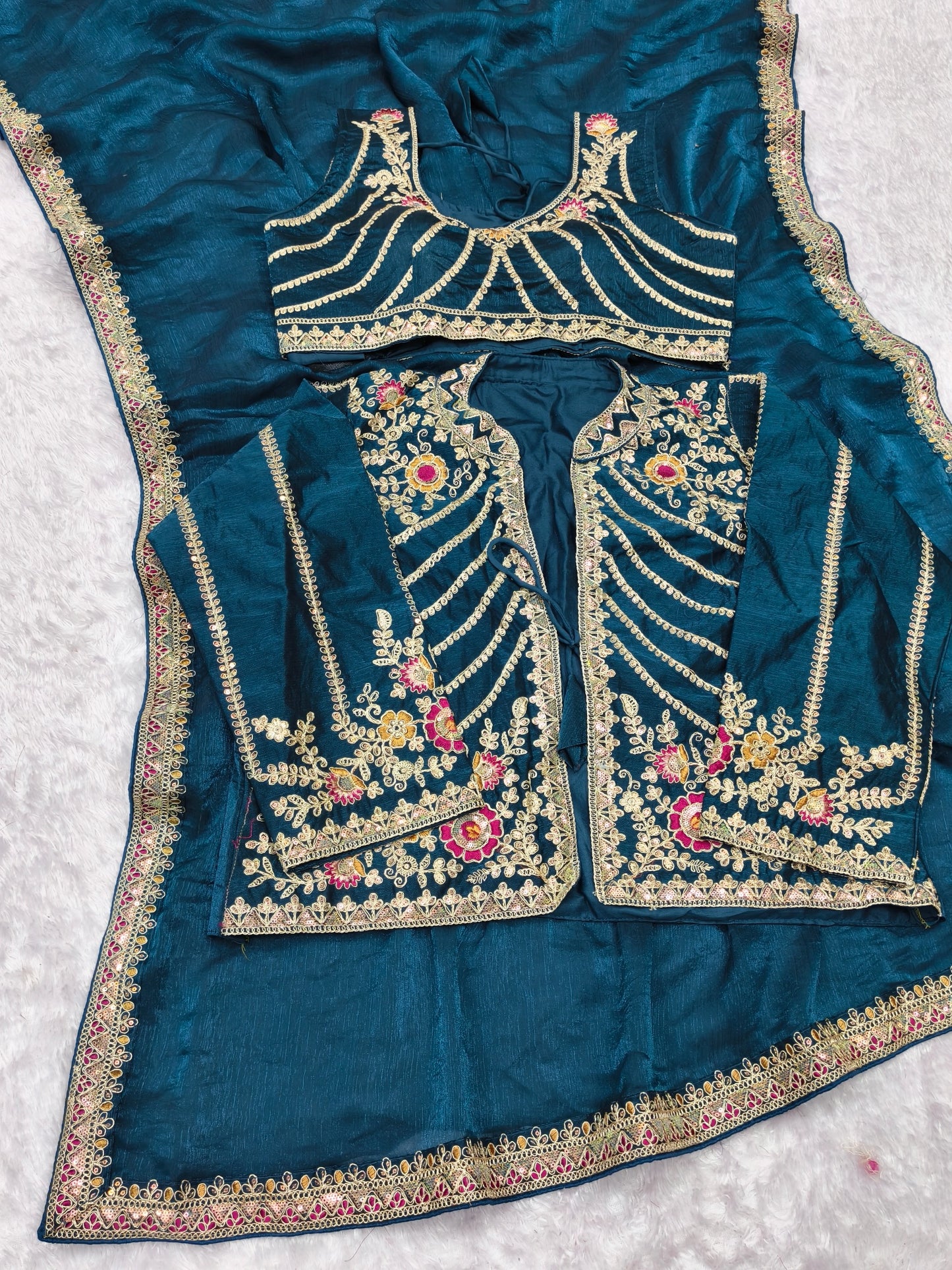 AJ-VEDIKA-2-DARK FENDI SATIN FABRIC SAREE WITH BEAUTIFUL DESIGN WITH HEAVY EMBROIDERY WORK WITH SEQUENCE WORK WITH STICHED BLOUSE WITH JACKET TRENDING SAREE ON INTERNET