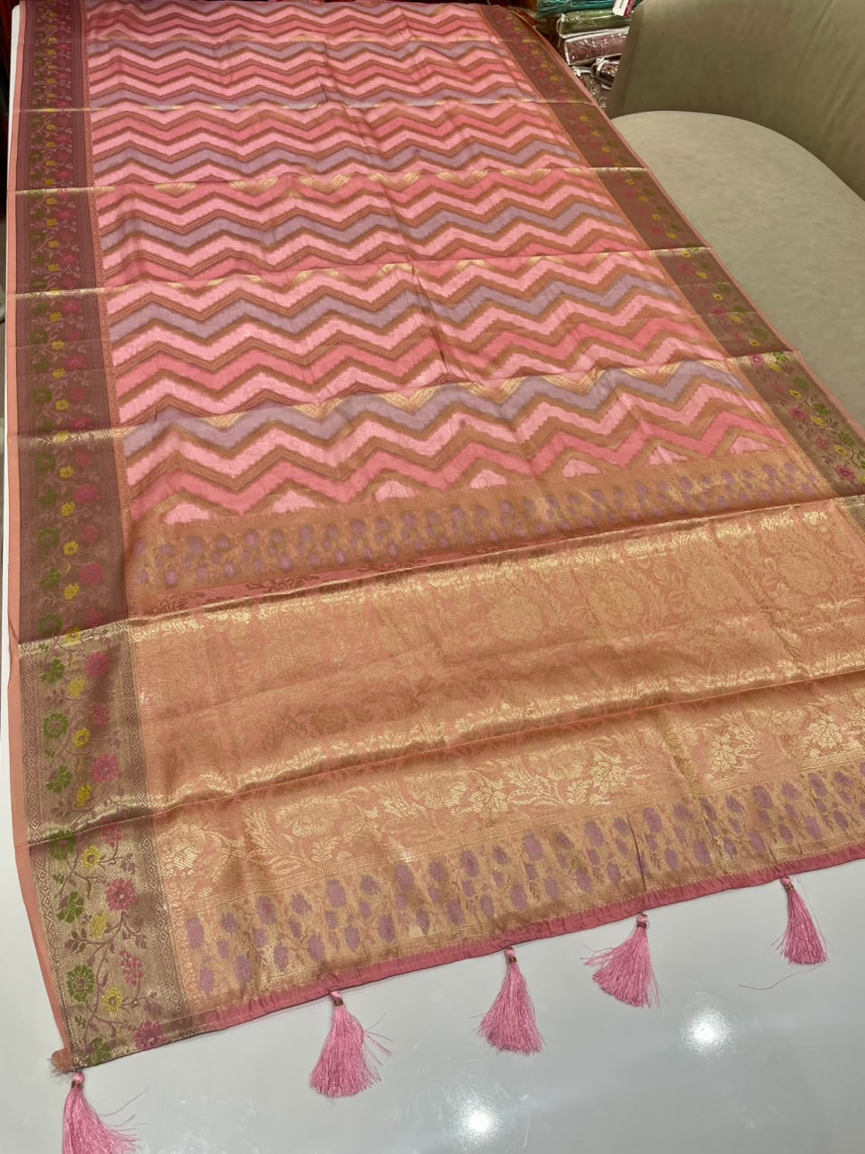 AJ-LAVANYA FANCY FABRIC SAREE WITH LAHERIYA DESIGN WITH PIPING WITH BEAUTIFUL TASSELS WITH LOVELY BLOUSE
