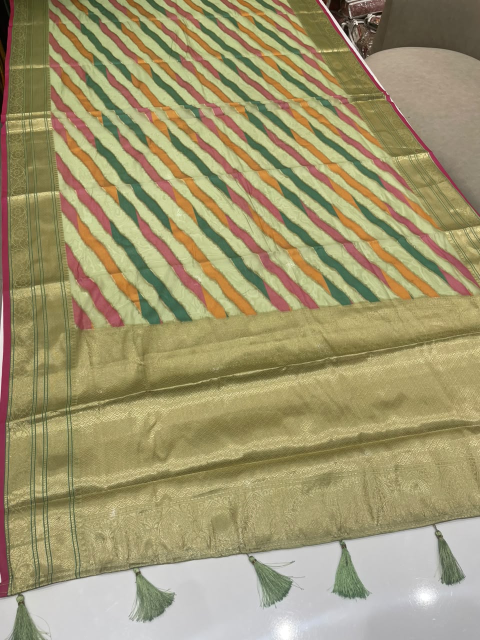 AJ-SHRINIKA FANCY FABRIC SAREE WITH LAHERIYA DESIGN WITH PIPING WITH BEAUTIFUL TASSELS WITH LOVELY BLOUSE