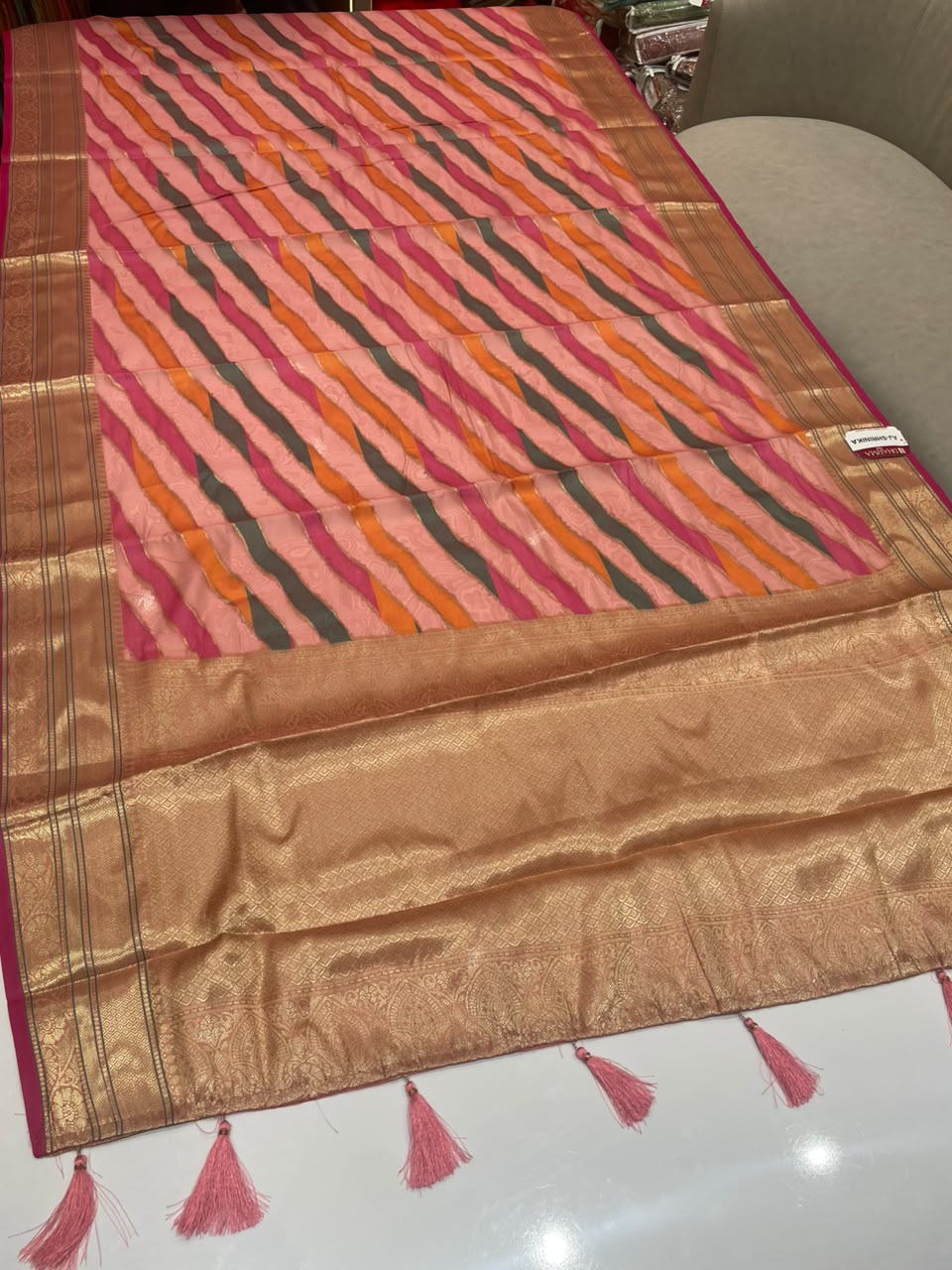 AJ-SHRINIKA FANCY FABRIC SAREE WITH LAHERIYA DESIGN WITH PIPING WITH BEAUTIFUL TASSELS WITH LOVELY BLOUSE