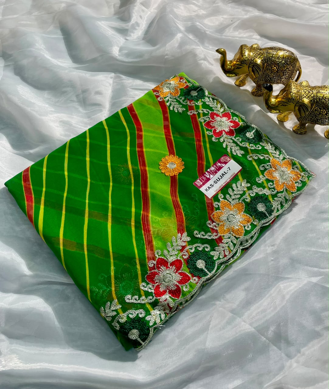 KAS-SUJAL-7   WEIGHTLESS FABRIC SAREE WITH LEHARIYA DESIGN WITH BEAUTIFUL FLORAL DESIGN WITH EMBROIDERY WORK WITH BLOUSE