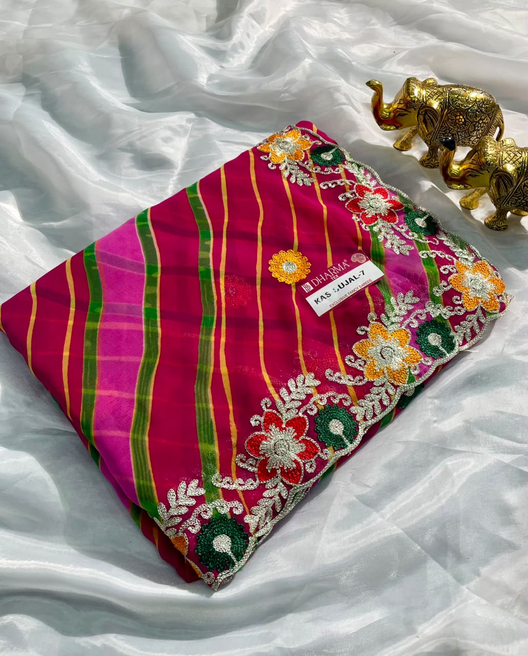 KAS-SUJAL-7   WEIGHTLESS FABRIC SAREE WITH LEHARIYA DESIGN WITH BEAUTIFUL FLORAL DESIGN WITH EMBROIDERY WORK WITH BLOUSE