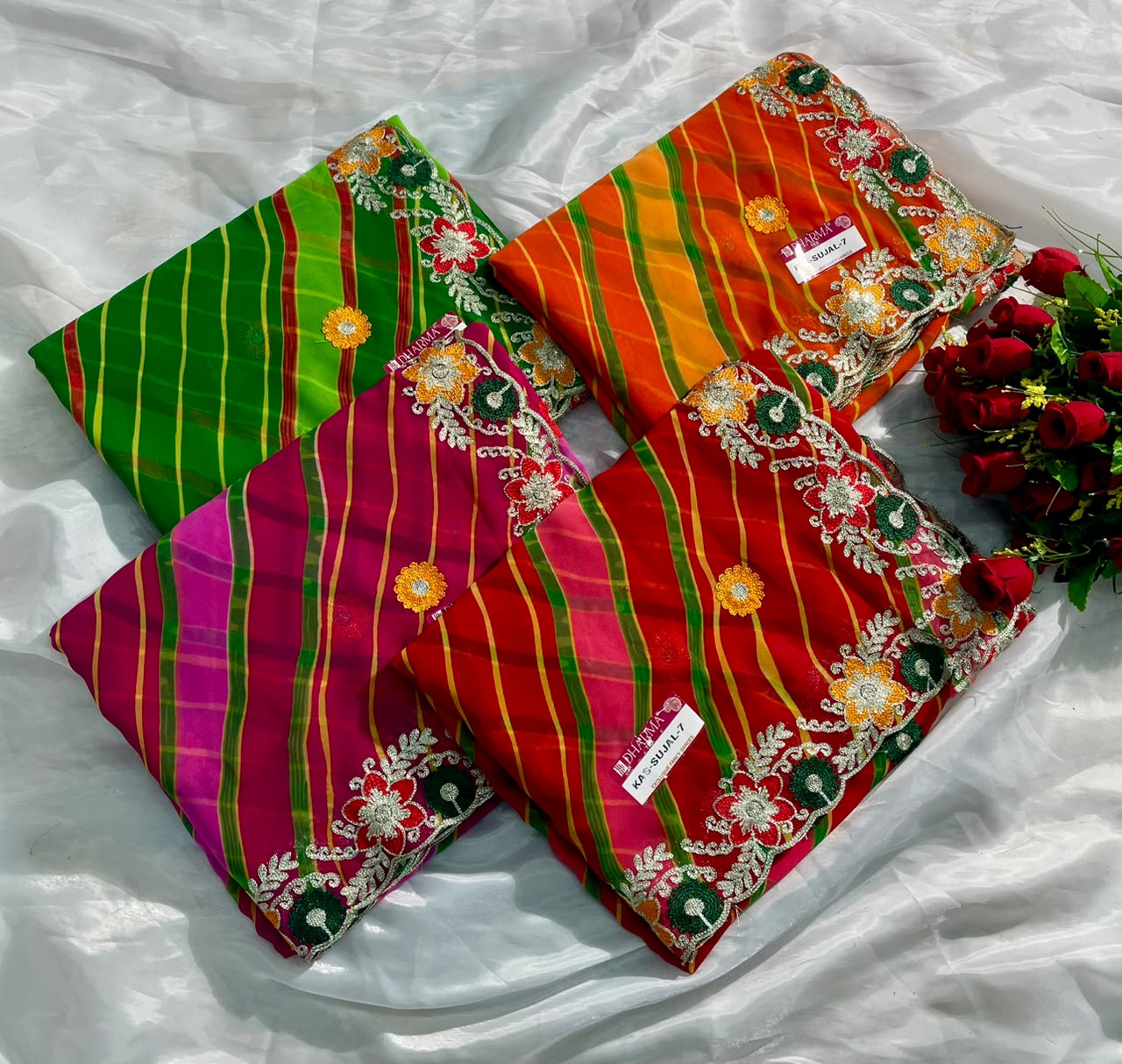 KAS-SUJAL-7   WEIGHTLESS FABRIC SAREE WITH LEHARIYA DESIGN WITH BEAUTIFUL FLORAL DESIGN WITH EMBROIDERY WORK WITH BLOUSE
