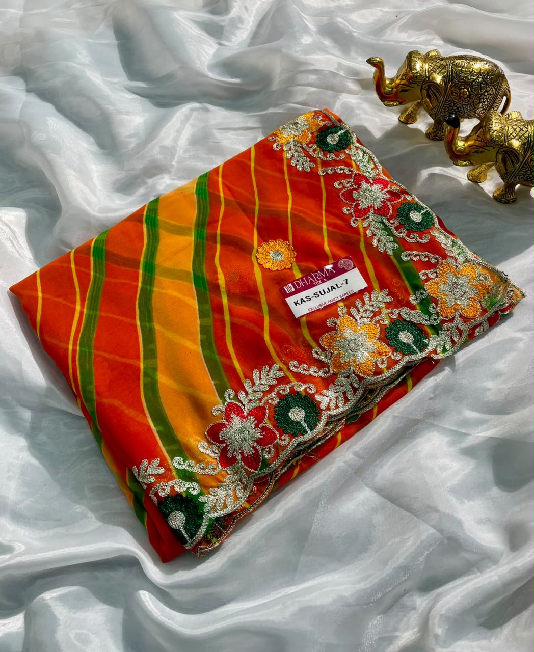 KAS-SUJAL-7   WEIGHTLESS FABRIC SAREE WITH LEHARIYA DESIGN WITH BEAUTIFUL FLORAL DESIGN WITH EMBROIDERY WORK WITH BLOUSE
