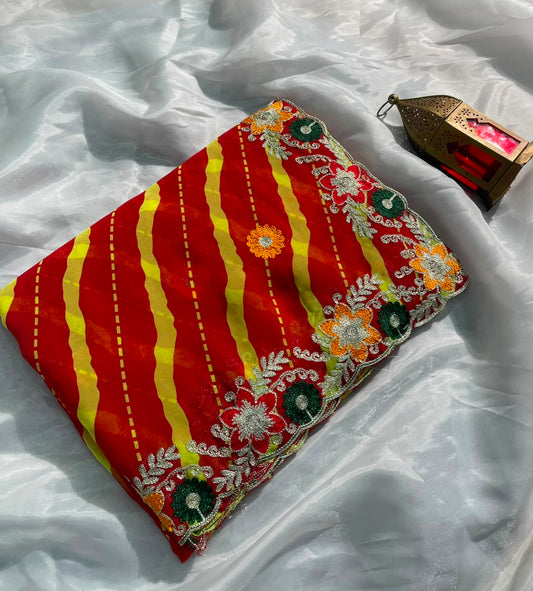 KAS-SUJAL-8   WEIGHTLESS FABRIC SAREE WITH LEHARIYA DESIGN WITH BEAUTIFUL FLORAL DESIGN WITH  EMBROIDERY WORK WITH BLOUSE