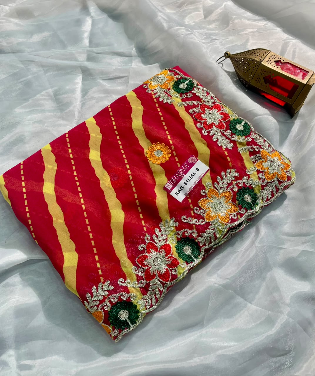 KAS-SUJAL-8   WEIGHTLESS FABRIC SAREE WITH LEHARIYA DESIGN WITH BEAUTIFUL FLORAL DESIGN WITH  EMBROIDERY WORK WITH BLOUSE