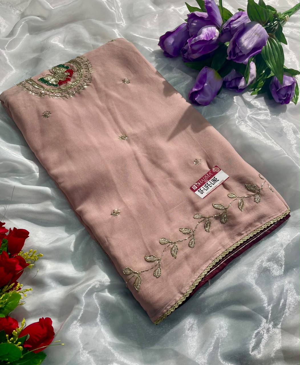 SF-LIFE-LINE STAR GEORGETTE FABRIC SAREE WITH BEAUTIFUL DESIGN WITH BEADS WORK SEQUENCE WORK WITH THREAD WORK WITH BLOUSE