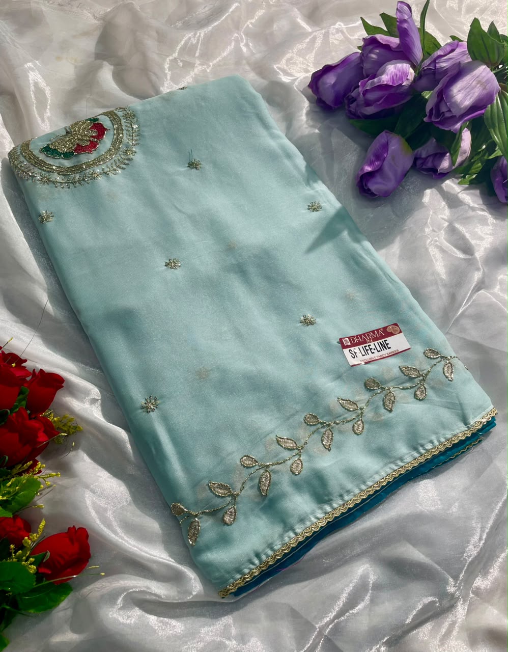 SF-LIFE-LINE STAR GEORGETTE FABRIC SAREE WITH BEAUTIFUL DESIGN WITH BEADS WORK SEQUENCE WORK WITH THREAD WORK WITH BLOUSE
