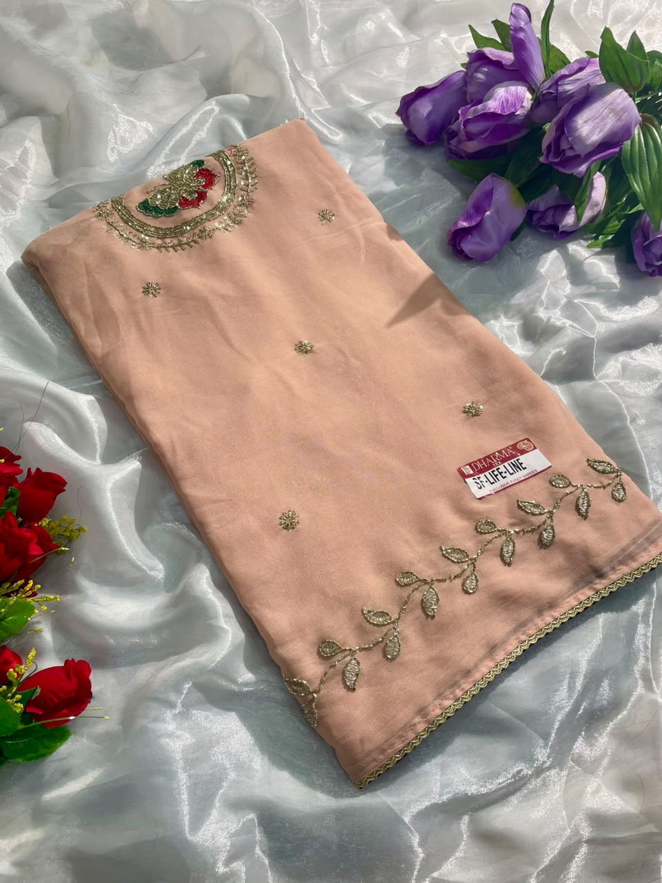 SF-LIFE-LINE STAR GEORGETTE FABRIC SAREE WITH BEAUTIFUL DESIGN WITH BEADS WORK SEQUENCE WORK WITH THREAD WORK WITH BLOUSE