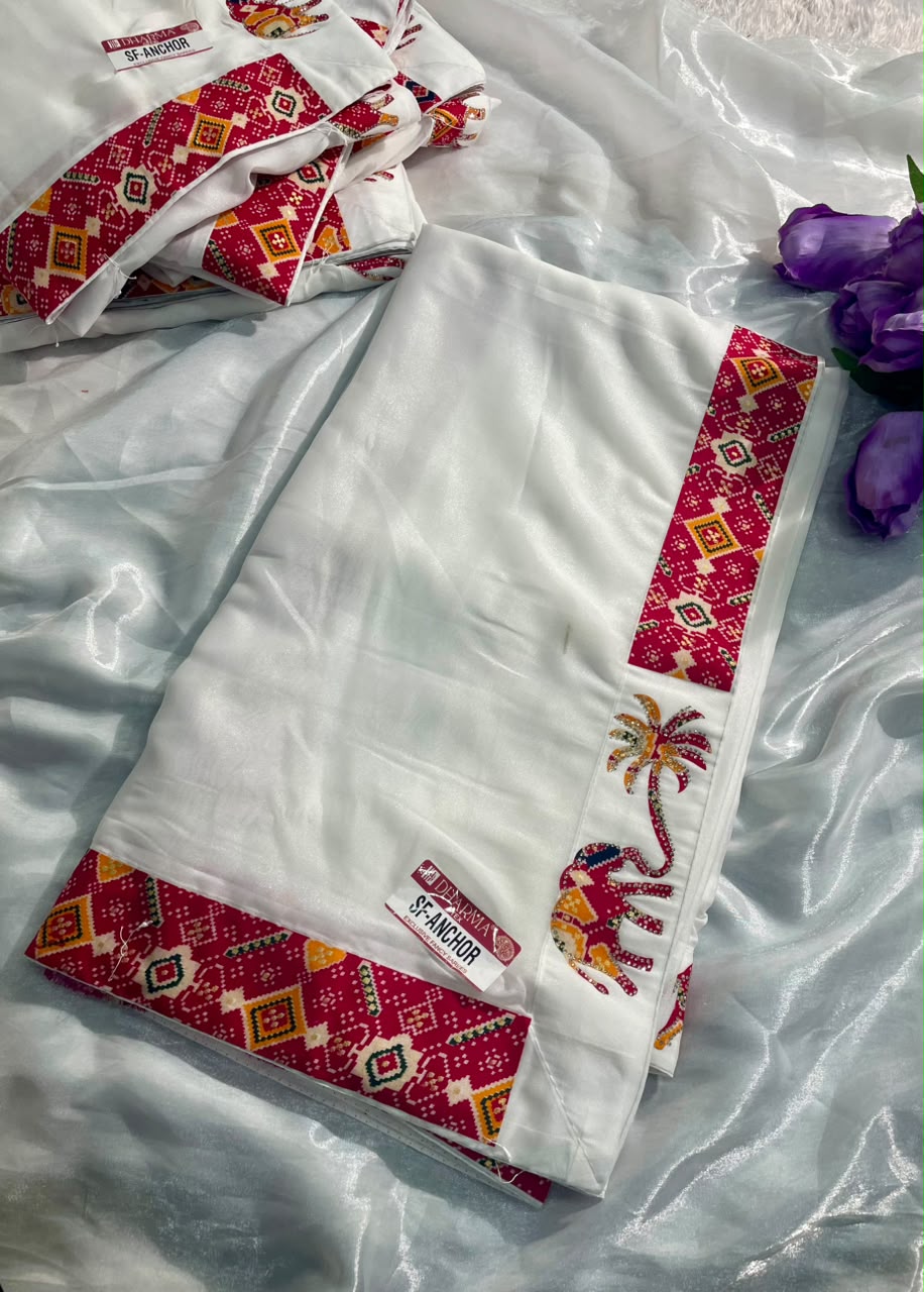 SF-ANCHOR STAR GEORGETTE FABRIC SAREE WITH BEAUTIFUL DESIGN WITH WHITE COMMON WITH GAJRAJ DESIGN WITH BANDHANI PRINT BLOUSE