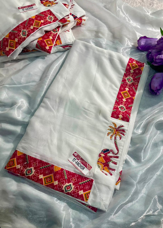 SF-ANCHOR STAR GEORGETTE FABRIC SAREE WITH BEAUTIFUL DESIGN WITH WHITE COMMON WITH GAJRAJ DESIGN WITH BANDHANI PRINT BLOUSE