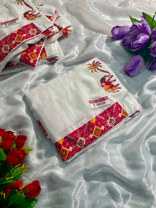 SF-ANCHOR STAR GEORGETTE FABRIC SAREE WITH BEAUTIFUL DESIGN WITH WHITE COMMON WITH GAJRAJ DESIGN WITH BANDHANI PRINT BLOUSE