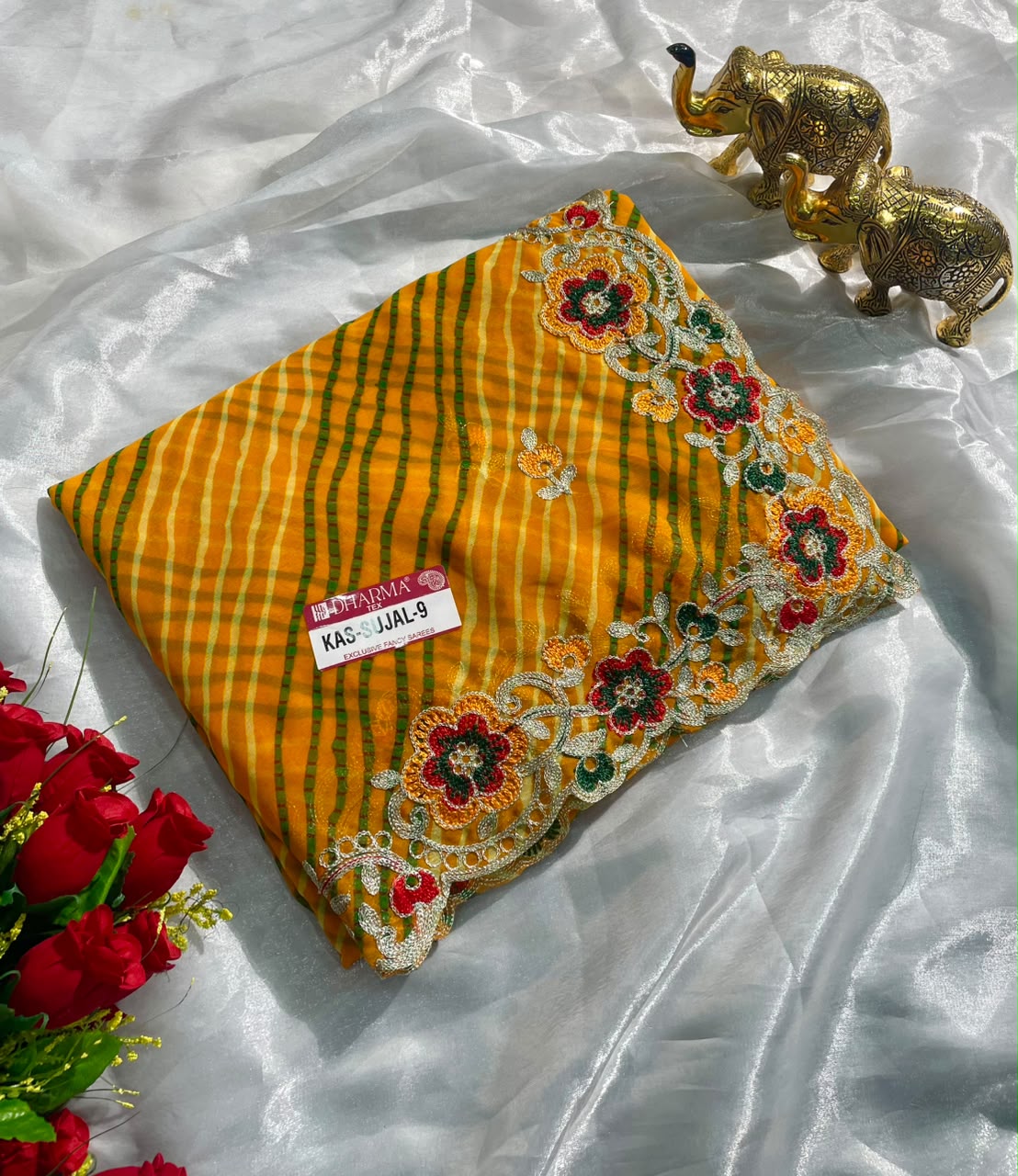 KAS-SUJAL-9 WEIGHTLESS FABRIC SAREE WITH LEHARIYA DESIGN WITH BEAUTIFUL FLORAL DESIGN WITH EMBROIDERY WORK WITH BLOUSE