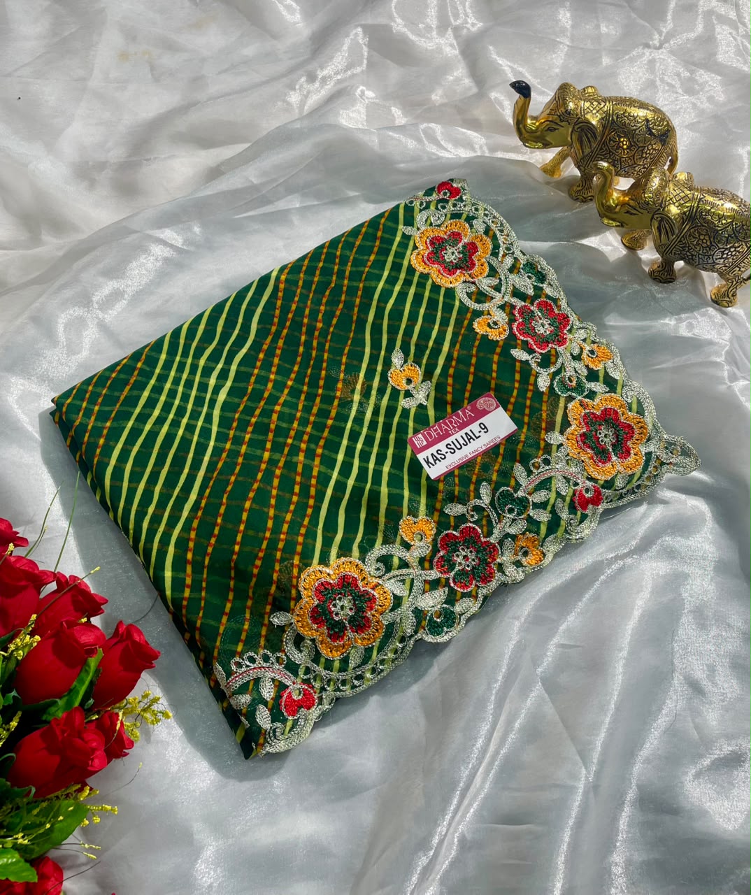 KAS-SUJAL-9 WEIGHTLESS FABRIC SAREE WITH LEHARIYA DESIGN WITH BEAUTIFUL FLORAL DESIGN WITH EMBROIDERY WORK WITH BLOUSE