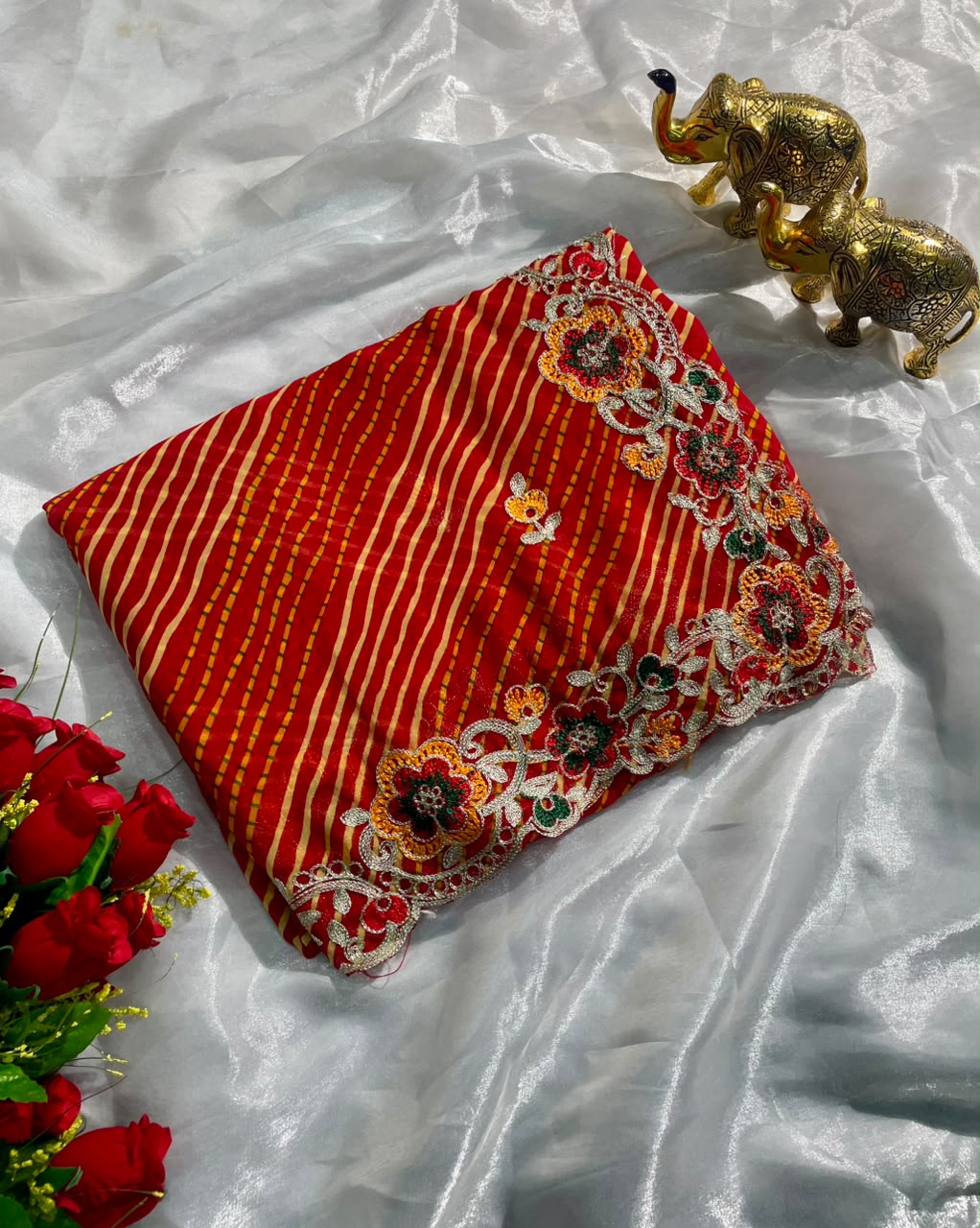 KAS-SUJAL-9 WEIGHTLESS FABRIC SAREE WITH LEHARIYA DESIGN WITH BEAUTIFUL FLORAL DESIGN WITH EMBROIDERY WORK WITH BLOUSE
