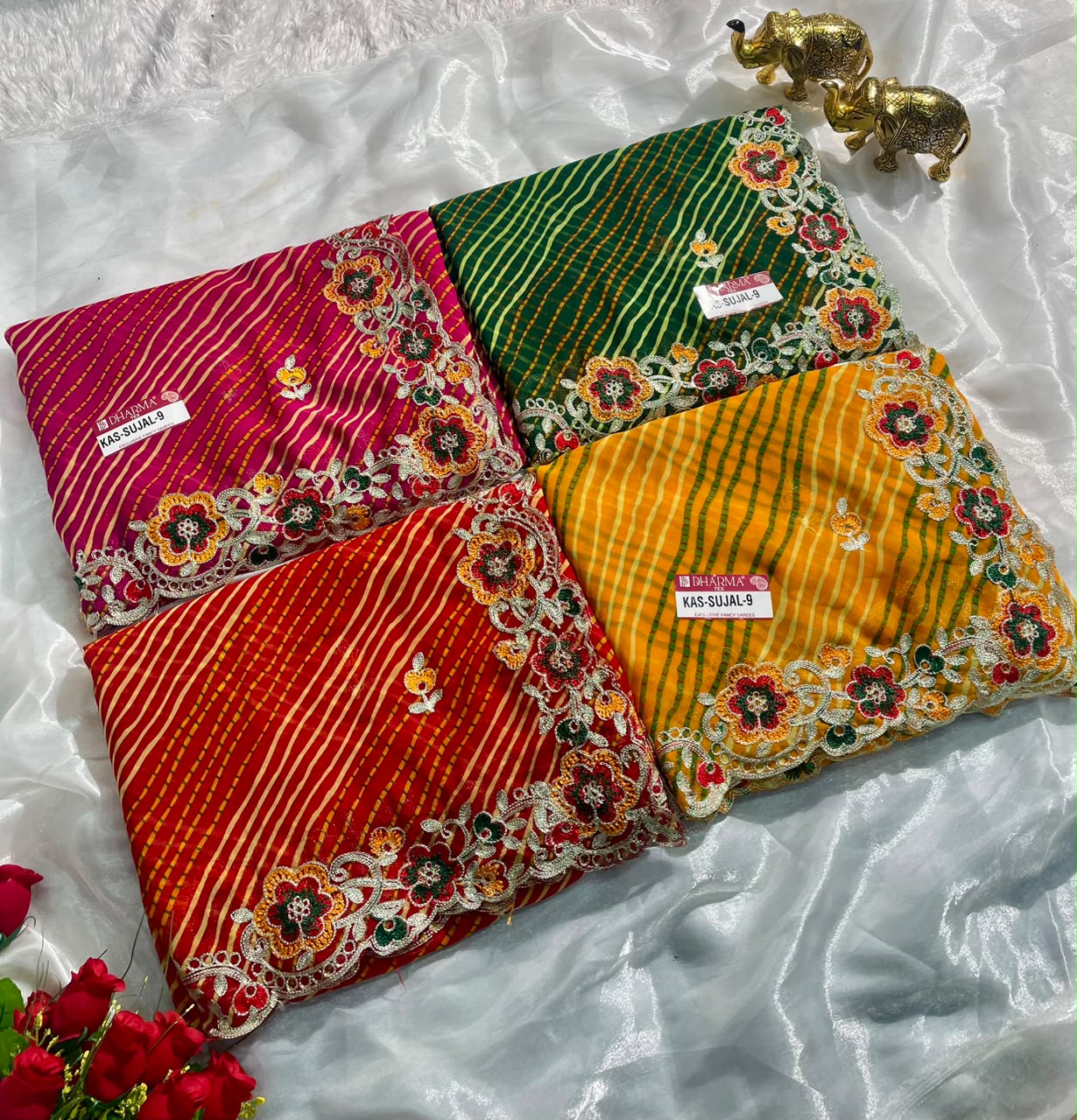 KAS-SUJAL-9 WEIGHTLESS FABRIC SAREE WITH LEHARIYA DESIGN WITH BEAUTIFUL FLORAL DESIGN WITH EMBROIDERY WORK WITH BLOUSE