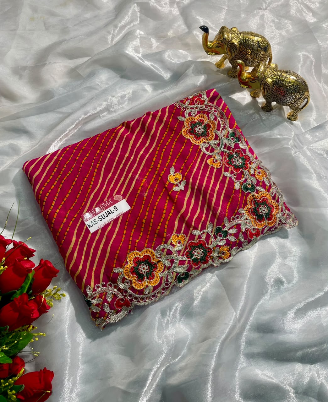 KAS-SUJAL-9 WEIGHTLESS FABRIC SAREE WITH LEHARIYA DESIGN WITH BEAUTIFUL FLORAL DESIGN WITH EMBROIDERY WORK WITH BLOUSE