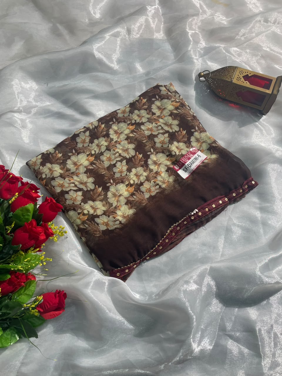 SF-DAMINI-6 SEMI WEIGHTLESS FABRIC SAREE WITH BEAUTIFUL FLORAL PRINT ALL OVER ON SAREE WITH SEQUENCE WORK BORDER WITH BLOUSE