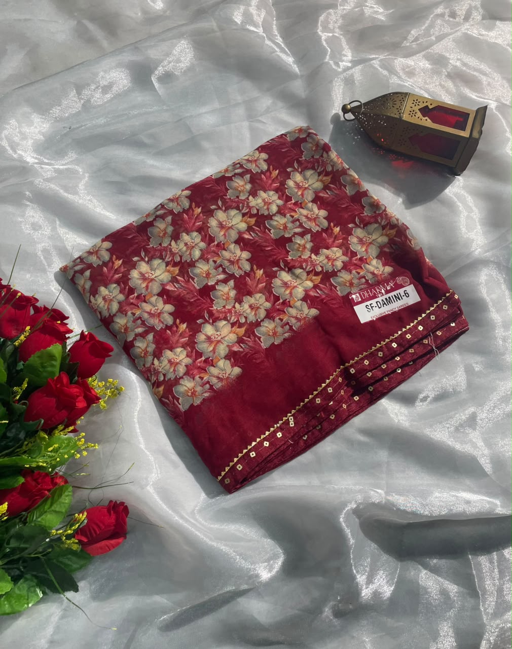 SF-DAMINI-6 SEMI WEIGHTLESS FABRIC SAREE WITH BEAUTIFUL FLORAL PRINT ALL OVER ON SAREE WITH SEQUENCE WORK BORDER WITH BLOUSE