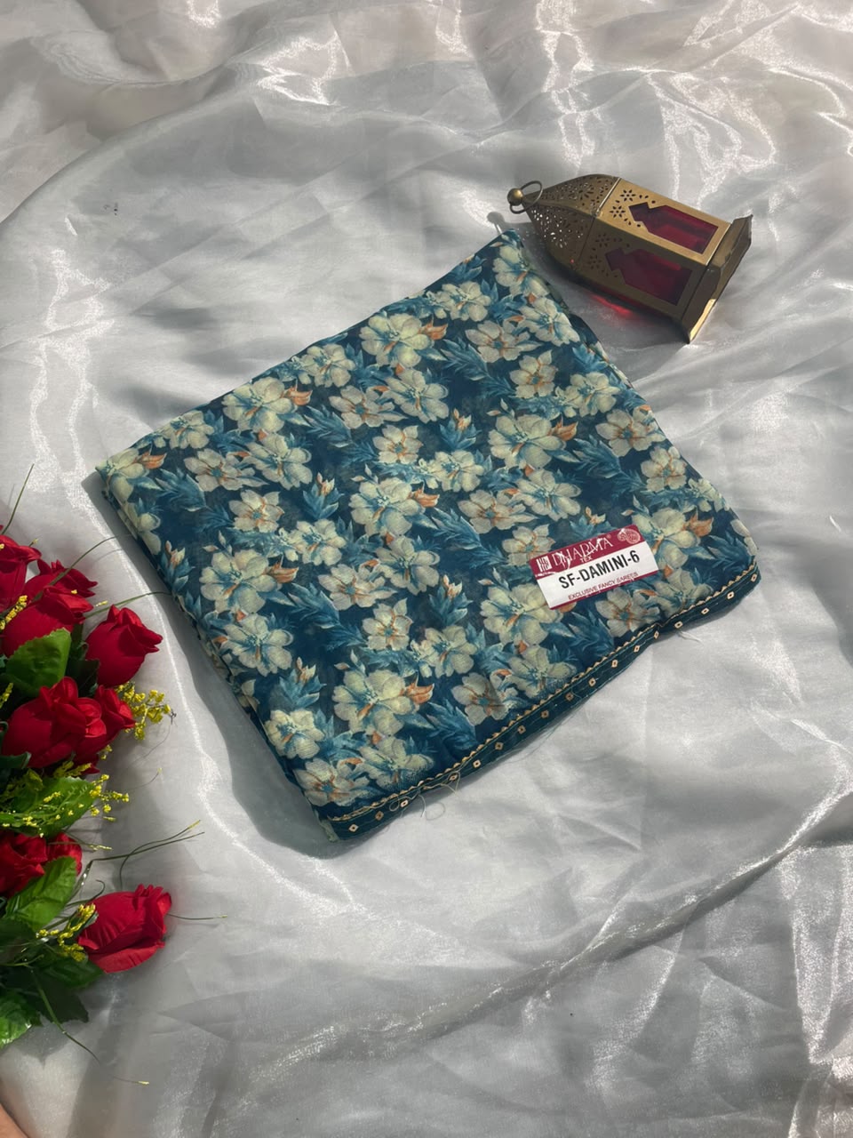 SF-DAMINI-6 SEMI WEIGHTLESS FABRIC SAREE WITH BEAUTIFUL FLORAL PRINT ALL OVER ON SAREE WITH SEQUENCE WORK BORDER WITH BLOUSE