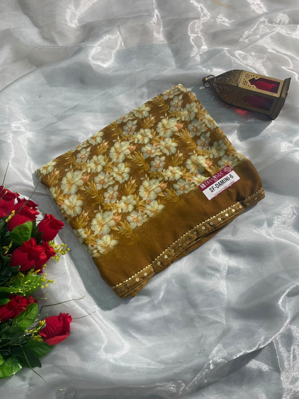 SF-DAMINI-6 SEMI WEIGHTLESS FABRIC SAREE WITH BEAUTIFUL FLORAL PRINT ALL OVER ON SAREE WITH SEQUENCE WORK BORDER WITH BLOUSE
