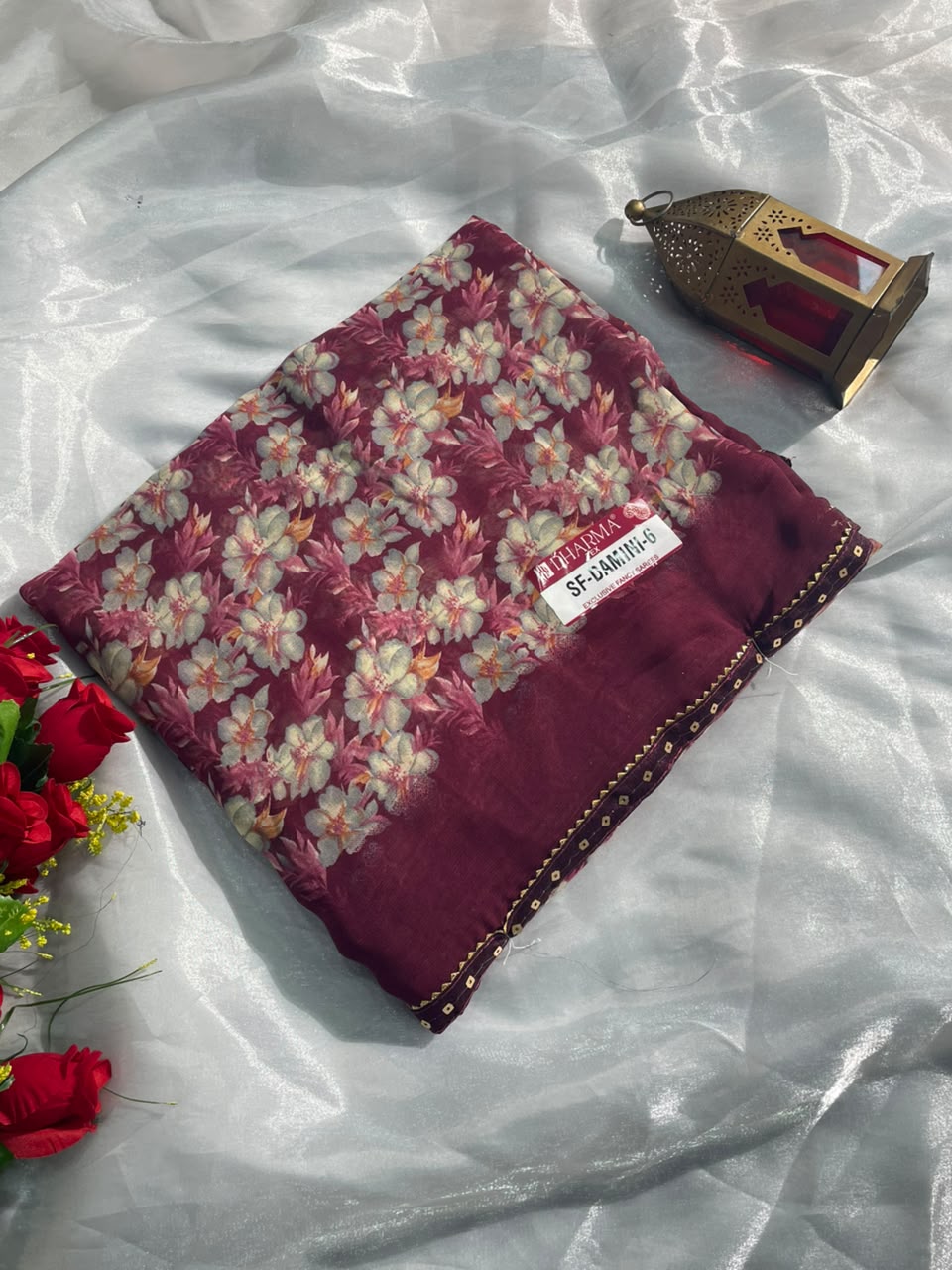 SF-DAMINI-6 SEMI WEIGHTLESS FABRIC SAREE WITH BEAUTIFUL FLORAL PRINT ALL OVER ON SAREE WITH SEQUENCE WORK BORDER WITH BLOUSE
