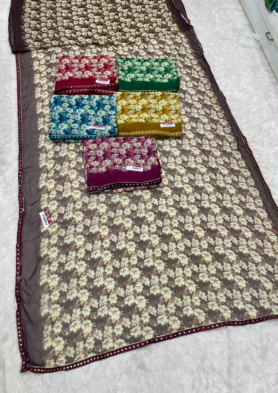 SF-DAMINI-6 SEMI WEIGHTLESS FABRIC SAREE WITH BEAUTIFUL FLORAL PRINT ALL OVER ON SAREE WITH SEQUENCE WORK BORDER WITH BLOUSE